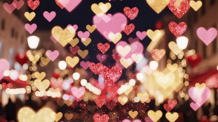 Festive Cityscape Shimmers With Floating Hearts in Bokeh Effect - Powered by Adobe