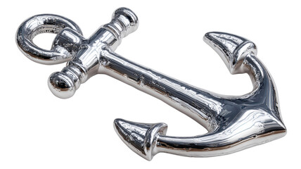 Silver chrome anchor symbol of nautical navigation and maritime stability, rendered on a transparent background