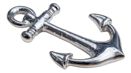 Silver chrome anchor symbol of nautical navigation and maritime stability, rendered on a transparent background