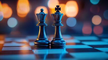 A chess board with a black king and a white queen on a checkered surface, with other pieces scattered around.