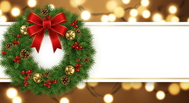 Christmas wreath with red ribbon and berries on a gold and white background with fairy lights.