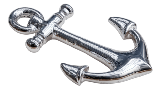 Silver chrome anchor symbol of nautical navigation and maritime stability, rendered on a transparent background