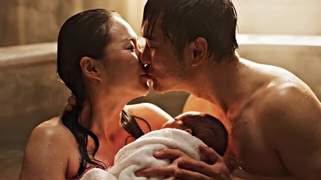 Asian couple welcoms the newlyborn baby in the home pool, Intimate Family Time, Parental Affection for Newborn Photography, Parenting Blogs, Family Bonding Moments, Asian Family Websites