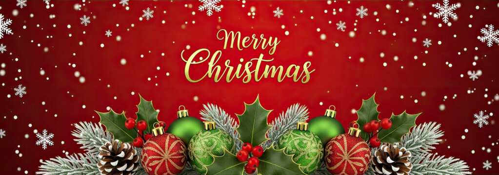 Christmas-themed banner with holly, baubles, and snowflakes on a red background.