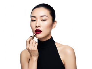 Beautiful young asian woman applying dark red lipstick to her mouth isolated on transparent background