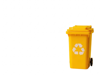 Small yellow plastic recycling bin with universal recycle symbol on side, isolated on transparent background