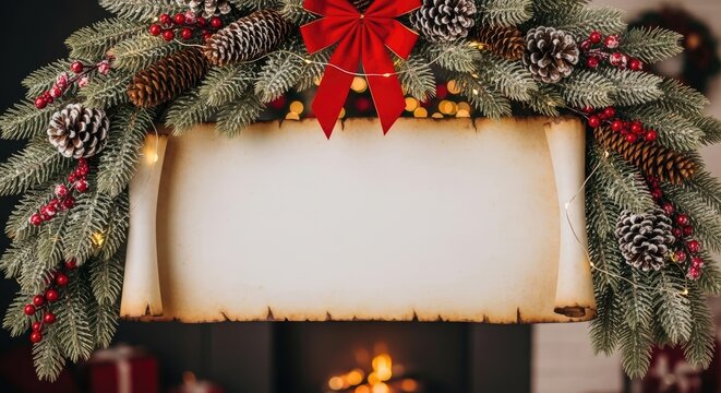 Christmas wreath with pine cones, berries, and a red ribbon hanging over a fireplace. - Powered by Adobe