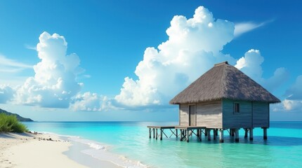Idyllic tropical beach bungalow over turquoise water under blue sky