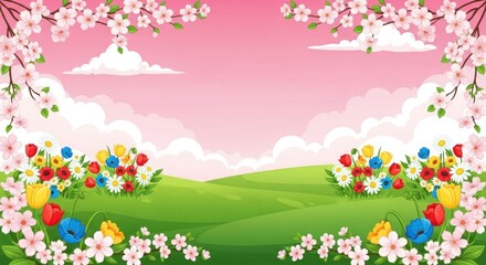 A vibrant spring landscape with blooming flowers and green hills under a pink sky.