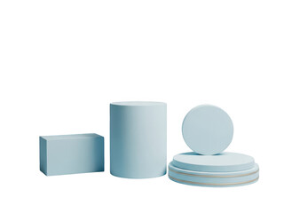 Three light blue geometric podiums and display stands of different shapes for product presentation isolated on transparent background