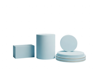 Three light blue geometric podiums and display stands of different shapes for product presentation isolated on transparent background