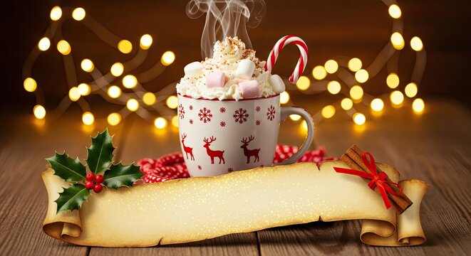 A mug of hot cocoa with marshmallows and a candy cane, garnished with a holly leaf and a cinnamon stick, set against a bokeh background of twinkling lights.
