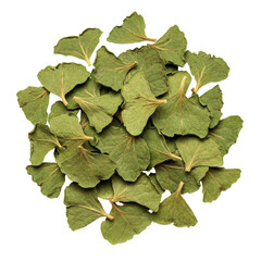 Dried green leaves arranged in a circular pattern, detailed texture visible isolated on white background