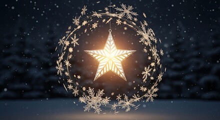 A glowing star with snowflakes in a winter landscape.