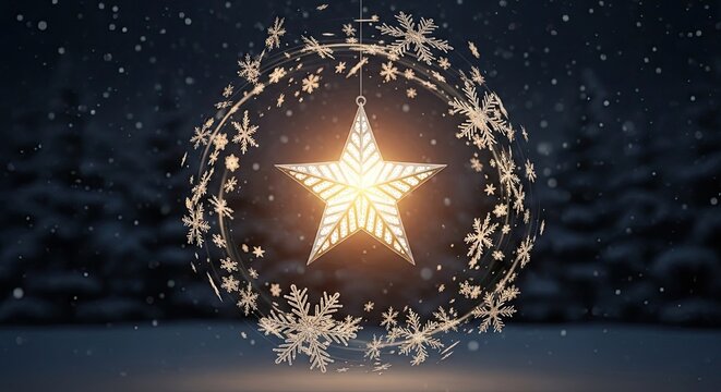 A glowing star with snowflakes in a winter landscape.
