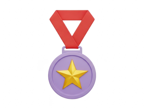 3d rendering of a purple achievement medal with a golden star emblem hanging from a red ribbon, isolated on transparent background