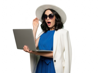 Surprised woman wearing sun hat and sunglasses holding laptop with open mouth isolated on transparent background