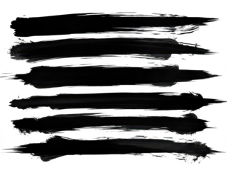 Set of six black hand drawn ink brush strokes or paint smears isolated on transparent background