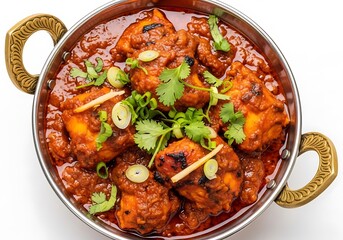 Fototapeta premium Delicious chicken tikka masala in traditional kadai, top view
