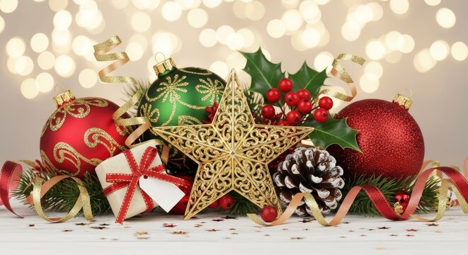 Christmas decorations with red and green baubles, holly leaves, and a golden star on a wooden table with a bokeh background.