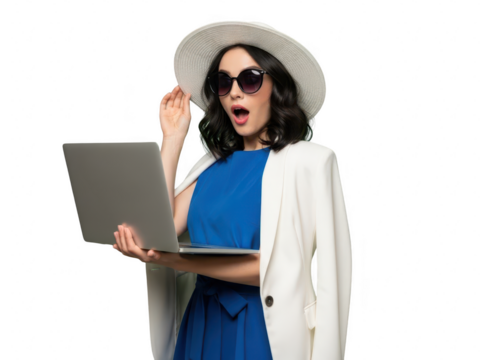 Surprised woman wearing sun hat and sunglasses holding laptop with open mouth isolated on transparent background