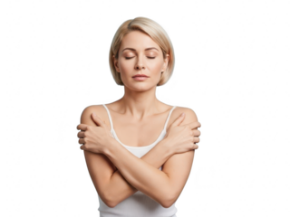 Blonde woman with short hair hugging herself with closed eyes showing self love and care isolated on transparent background