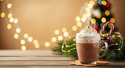 A steaming cup of hot chocolate with whipped cream and a candy cane on a wooden table with a Christmas tree in the background.
