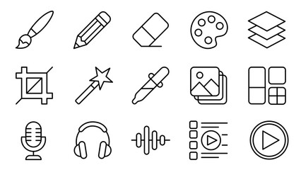 Professional 5x3 icon sheet creative and audio black outline icons vector