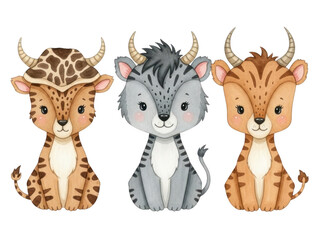 Three cute baby wild animal characters with horns, watercolor illustration isolated on transparent background