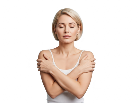 Blonde woman with short hair hugging herself with closed eyes showing self love and care isolated on transparent background