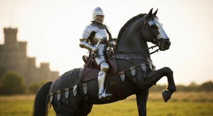 Medieval knight on horseback, armor, castle in background