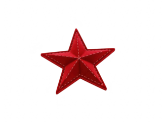 A single, vibrant red fivepointed star patch with visible stitching, isolated on transparent background