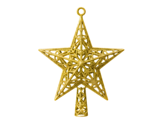 Ornate gold star christmas tree topper isolated on transparent background