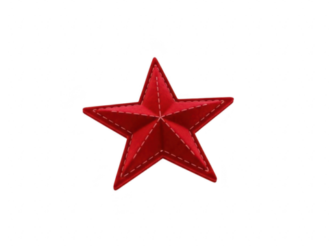 A single, vibrant red fivepointed star patch with visible stitching, isolated on transparent background