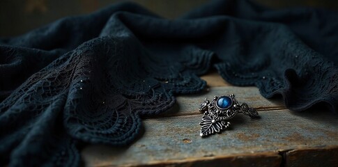 Gothic Still Life Ravens, Lace, and Antique Silver Jewelry on Distressed Wood