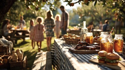 Family Picnic Gathering in a Sunny Garden Setting.