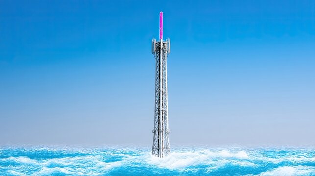 A tall communication tower rises from the ocean, with a bright blue sky in the background. The tower has a pink light at the top.