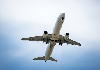 Passenger airplane flying high above with landing gear deployed