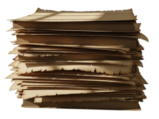 Stack of old, aged, and torn paper sheets with rough edges casting shadows, isolated on transparent background
