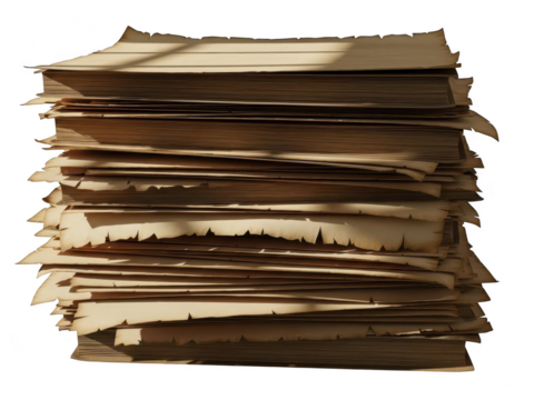 Stack of old, aged, and torn paper sheets with rough edges casting shadows, isolated on transparent background - Powered by Adobe