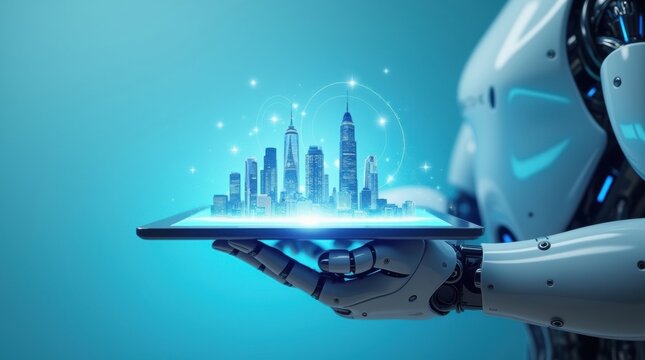Robot holding a futuristic digital city hologram on a tablet