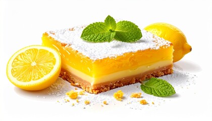A lemon dessert bar with powdered sugar topping surrounded by fresh lemon slices on a white surface.