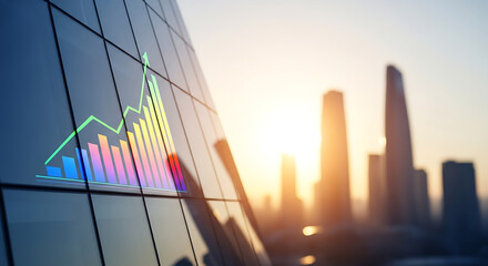 Financial data bar graph and green line showing growth reflected on a modern glass office building facade in a vibrant urban city at sunrise.