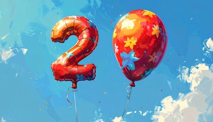 Two festive, buoyant balloons against a brushstroke blue sky. One is a numeric '2', and the other, a round orb, with floral designs