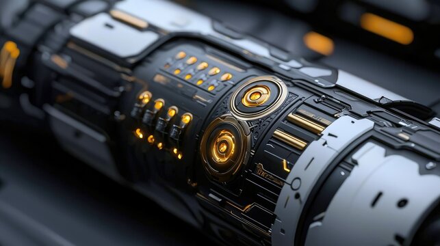 Close-up of a futuristic mechanical component with intricate details, glowing lights, and a sleek design. The image showcases a combination of black, white, and