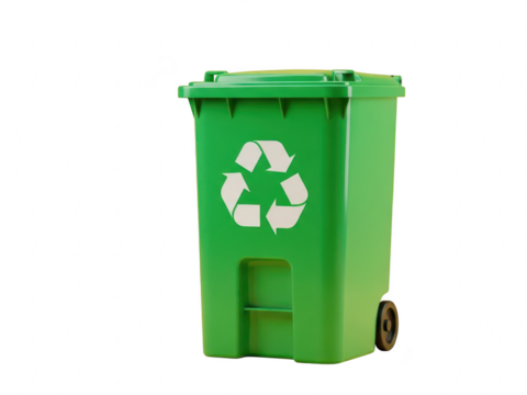 Bright green recycling bin with universal recycling symbol sticker, isolated on transparent background for easy use in design projects - Powered by Adobe