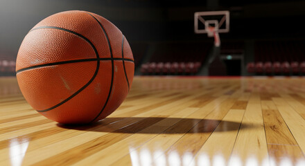 A close-up shot of a basketball resting on a wooden court under stadium lights, ready for the game