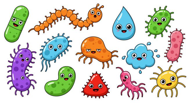 A vibrant collection of cute cartoon microbes, bacteria, viruses, and insect vectors with friendly faces, isolated on a clean white background for educational purposes.