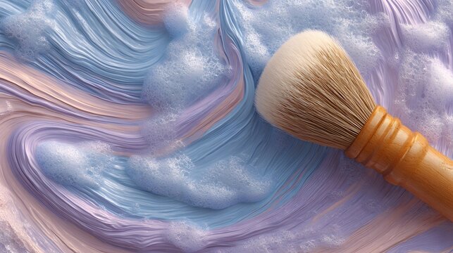 Luxurious pastel makeup brush on flowing, bubbly background for beauty tutorials and cosmetic advertising, offering a modern, clean aesthetic