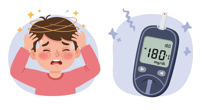 A vector illustration depicts a young boy experiencing dizziness and a blood glucose meter displaying a high reading, symbolizing diabetes and health concerns.